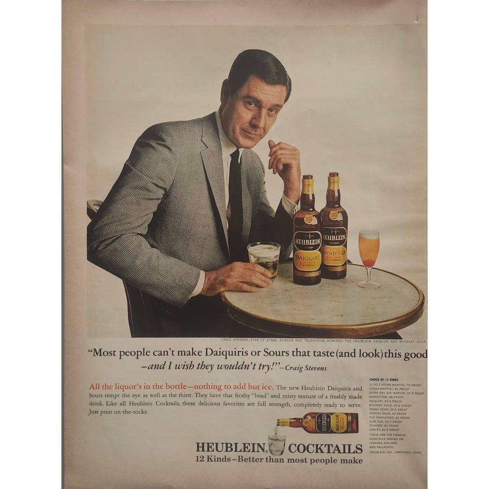 HEUBLEIN Cocktails Magazine Ad 1960s Craig Stevens Mid-Century 10x13
